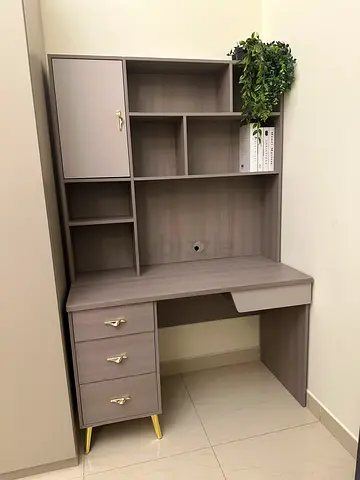 Compact Wooden Study Desk with Shelves and Drawers - Grey