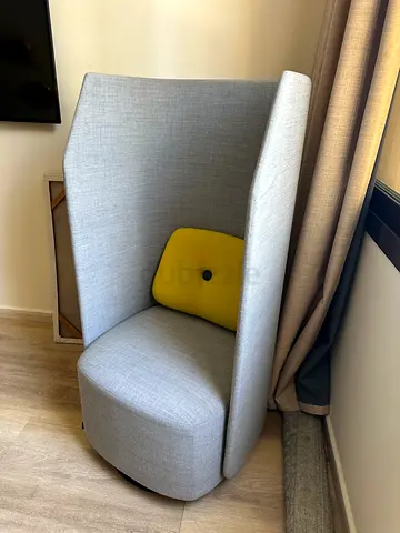 Gray High-Back Lounge Chair with Ottoman and Yellow Cushion