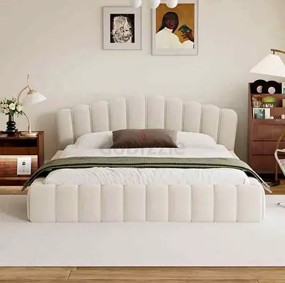 Upholstered Queen Bed with Channel-Tufted Headboard - Cream
