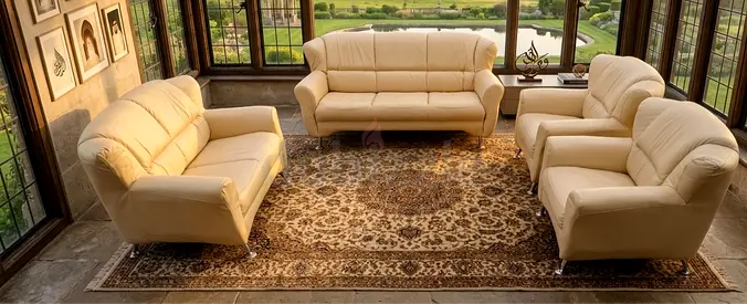 Cream Leather Sofa Set — 3‑Seater, 2‑Seater and 2 Armchairs in Good Condition