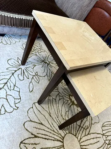 Pair of Marble Top Side Tables with Dark Wood Legs