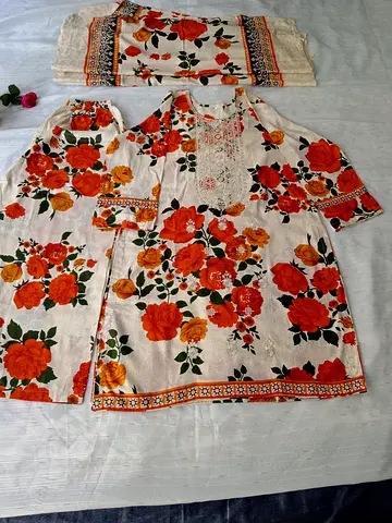 Womens 3-Piece Floral Lawn Suit - Orange  Yellow Roses, Summer Wear