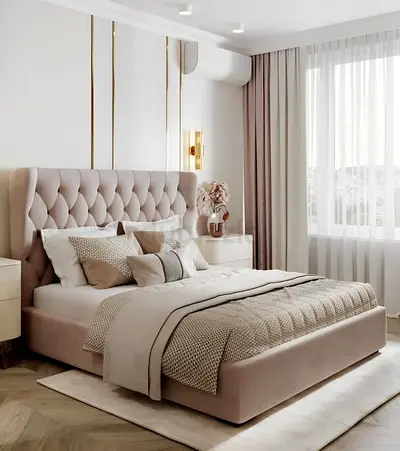 Upholstered Queen Bed with Headboard - Light Blush