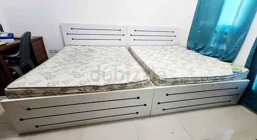 White Wooden Twin Beds with Storage Drawers — Set of 2 (Used)