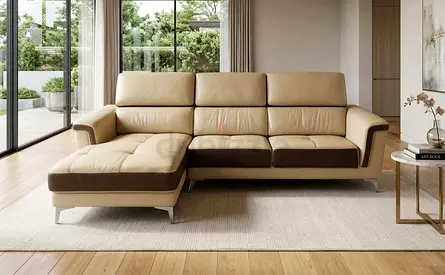 Beige Leather L-Shaped Sofa with Chaise - Good Condition