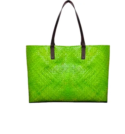 Green Woven Tote Bag with Leather Handles