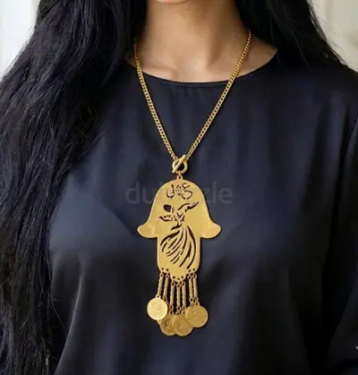 Large Gold Hamsa Pendant Necklace with Coin Tassels