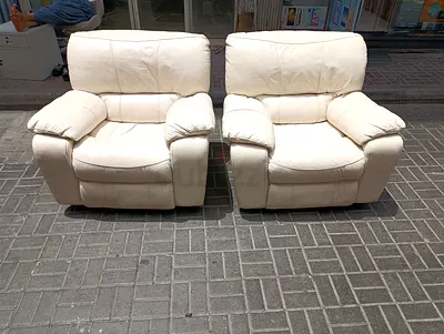 Pair of Cream Leather Recliner Armchairs - Comfortable Two Seater Set