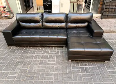 Black L-shaped Leather Sofa - Right Chaise, Good Condition