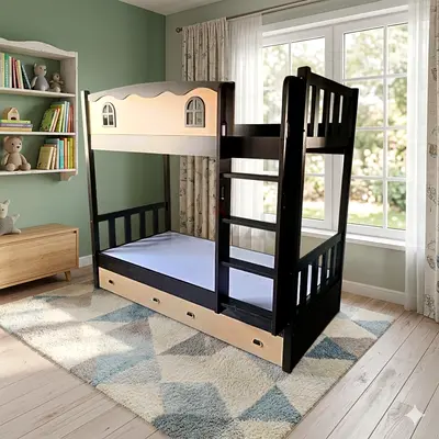 Solid Wood Kids Bunk Bed with Storage Drawers - Dark Brown  Natural Finish