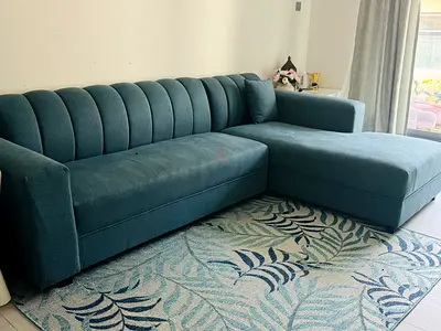Large L-shaped teal fabric sofa with chaise - good condition