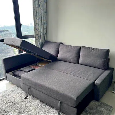 Grey Fabric L-Shaped Sofa Bed with Storage — Convertible Sleeper