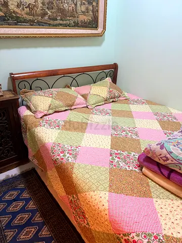 Wooden Frame Double Bed with Quilt - Good Condition