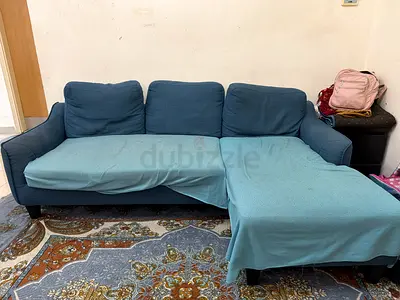 IKEA - 3-Seater L-Shape Fabric Sofa with Chaise - Blue, Good Condition
