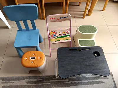Mixed set of kids chairs, step stools and portable study table — good used condition