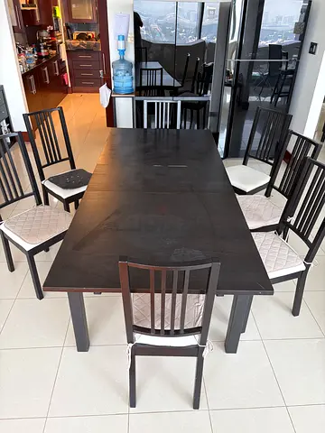 IKEA Extendable Dining Table + 7 Chairs – Black Wood