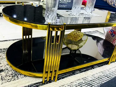 Black Glass and Gold Metal Oval Coffee Table - Two Tier