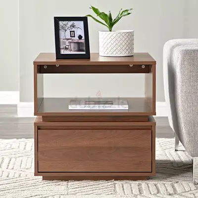 Modern Walnut Side Table with Open Shelf and Drawer