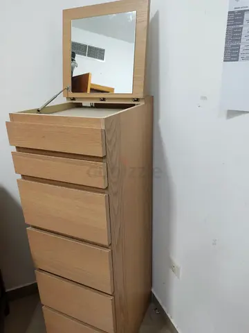 Tall narrow wooden dresser with flip-up mirror — good condition