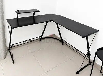 L-shaped Black Metal Computer Desk with Monitor Shelf - Good Condition