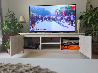 Light wood TV entertainment unit with storage - good condition