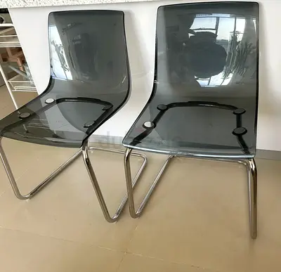 Set of 2 Ikea Transparent Smoke Acrylic Dining Chairs with Chrome Legs