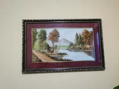 Framed Landscape Painting with Decorative Mat and Ornate Frame