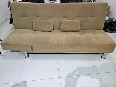Beige Convertible Sofa Bed / Futon - Very Good Condition with Free Cover