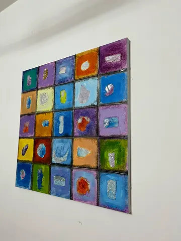 Handmade Mixed-Media Grid Artwork with Embedded Stones
