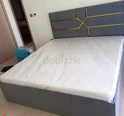Brand New Grey Upholstered King Size Bed with Geometric Headboard - Good