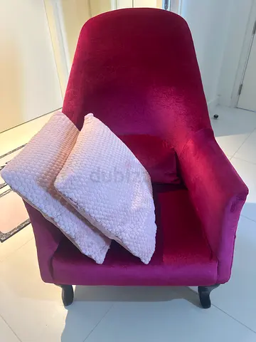 Plum Velvet Accent Armchair with Cushions - Good Condition