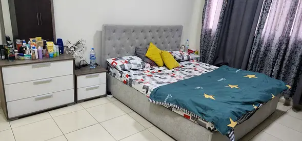 King-size Fabric Bed Frame with Headboard and Matching Nightstand/Dresser Set - Danube