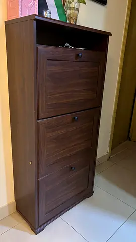 IKEA Slim Wooden Shoe Cabinet with 3 Drop-Down Compartments - Dark Walnut