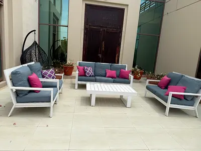 White Outdoor Sofa Set with Cushions - 3-Seater + 2 Armchairs + Coffee Table