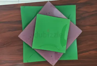 Set of 4 Decorative Glass Serving Plates / Trays - Green  Mauve