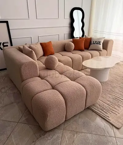 Beige Modular Bouclé L-Shaped Sofa with Chaise - Cozy Modern Design