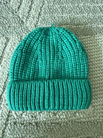 Hand-knitted teal ribbed beanie hat, one size