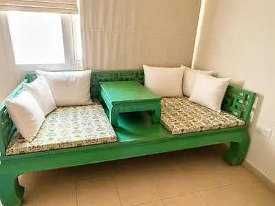 Chinese Green Wooden Daybed / Sofa with Side Table - Good Condition
