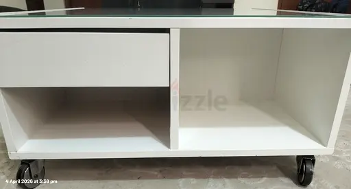 White TV/Entertainment Unit on Wheels - Compact Low Cabinet