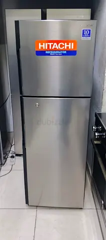 Hitachi double-door refrigerator - good condition, stainless steel finish