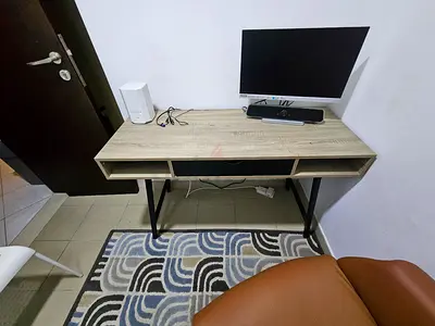 Compact wooden working/study desk with single drawer and metal legs - light oak