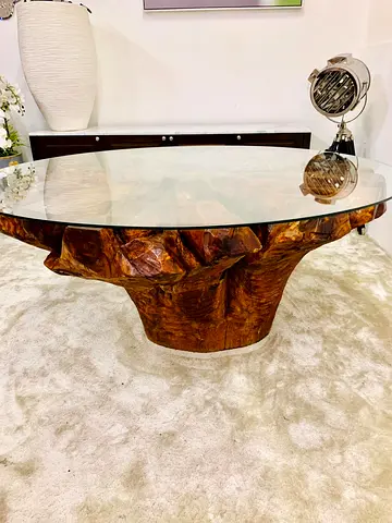 Handcrafted live edge teak root dining table + coffee table