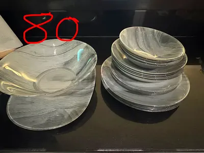 Set of 12 Grey Marble-Pattern Dinner Plates and Bowls - Good Condition