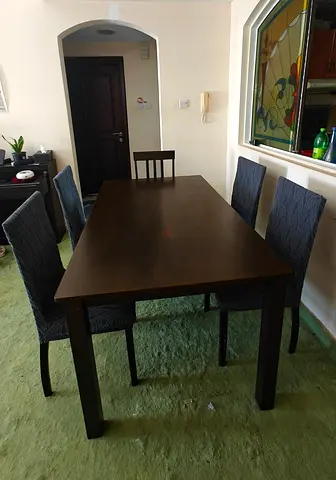 Solid Wood 6-Seater Dining Table with Upholstered Chairs - Dark Finish (L150xW90xH76)