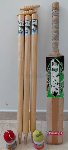 Used MRF Cricket Bat with Wooden Stumps and Practice Balls - Good Condition