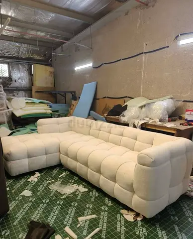 Light Beige Tufted L-Shaped Sofa — Comfortable Corner Couch