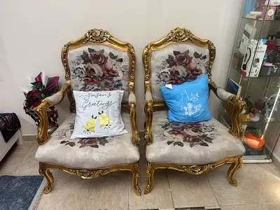 Pair of Vintage Gold-Framed Floral Upholstered Armchairs Egyptian Wood