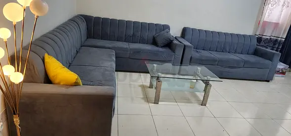 Large L-shaped Grey Velvet Sofa Set with Corner Chaise and Glass Coffee Table