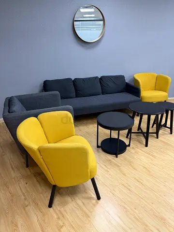 Modern Grey 3-Seater Sofa with Yellow Accent Chairs and Nesting Tables with mirror