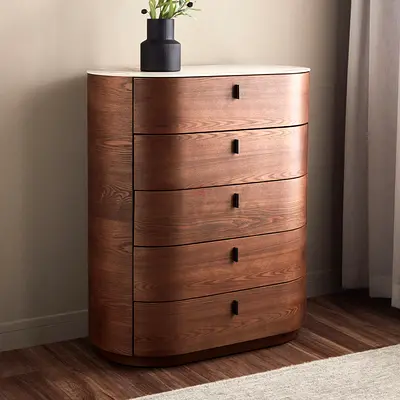 Solid Wood Curved 5-Drawer Chest - Modern Walnut Finish